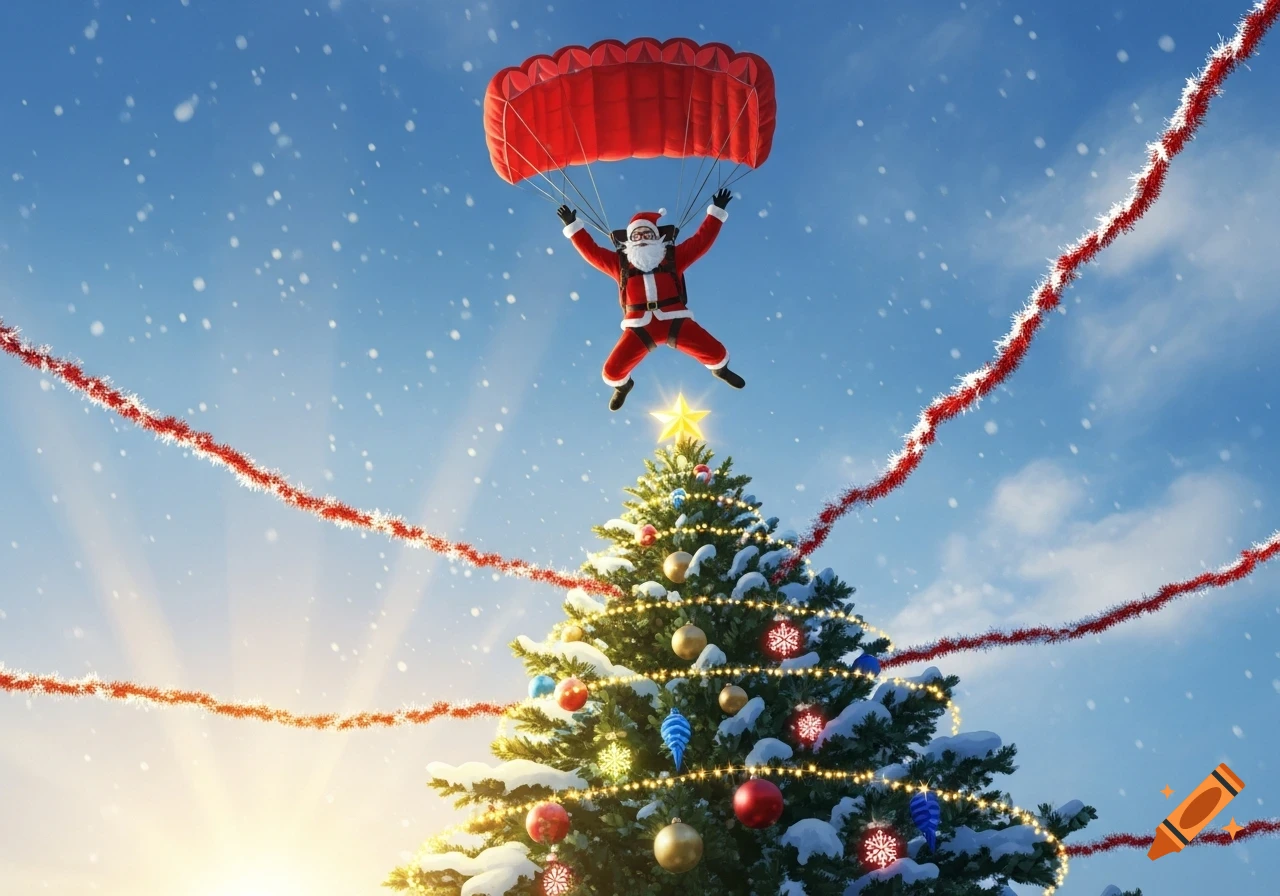 Santa Claus parachutes from a bright blue, snowy sky towards the top of a decorated Christmas tree.