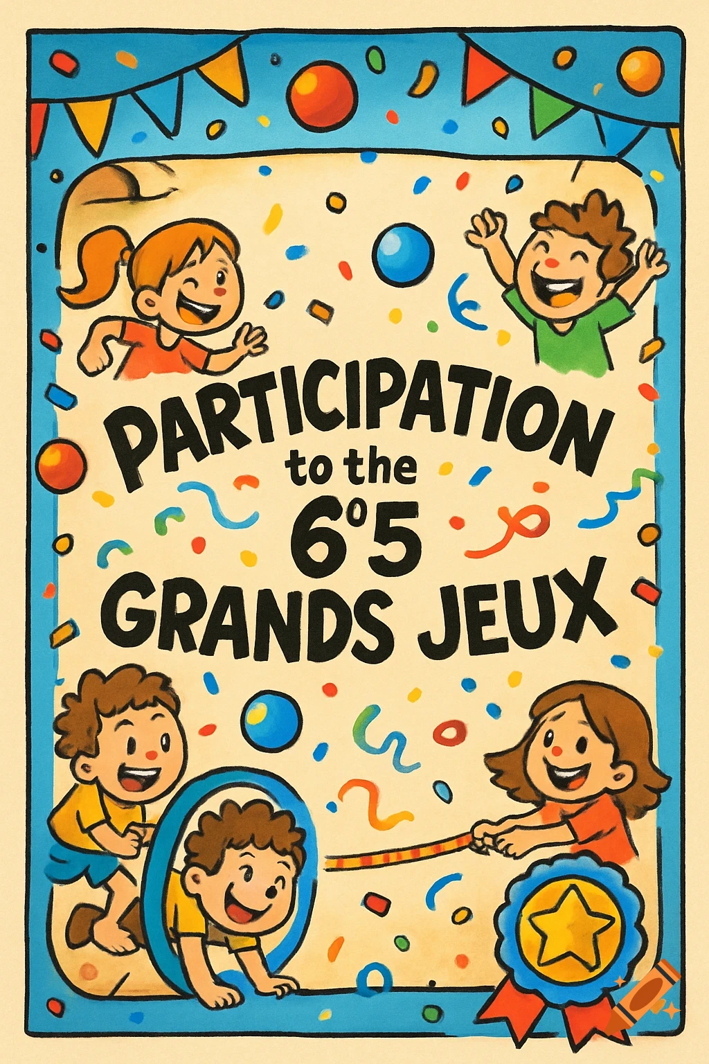 A colorful cartoon certificate for 'Participation to the 6°5 Grands Jeux', featuring children playing with confetti and banners.