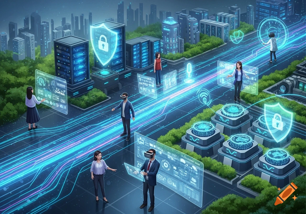 Futuristic city with people using VR headsets and interacting with glowing holographic screens and data streams.