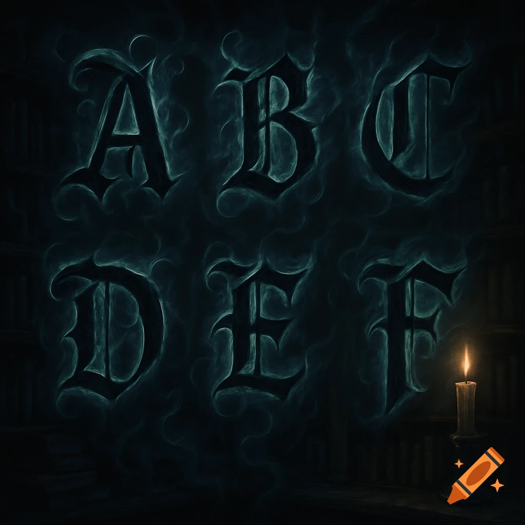 Six ornate gothic-style letters A-F with smoky effects emerge from a dark background, illuminated by a single candle.