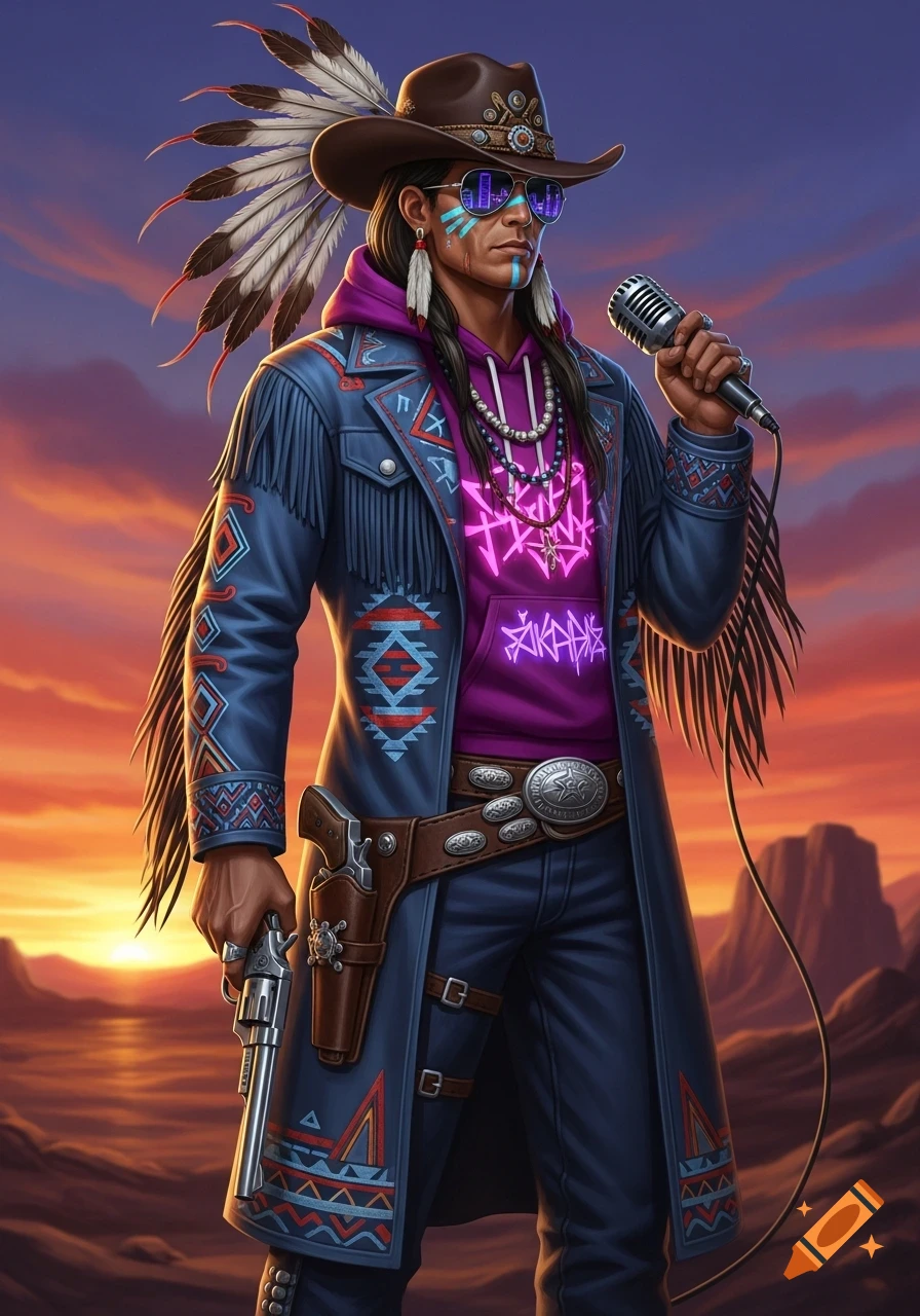 A stylized character fusion of a cowboy, rapper, and Native American chief, holding a microphone and a revolver at sunset.