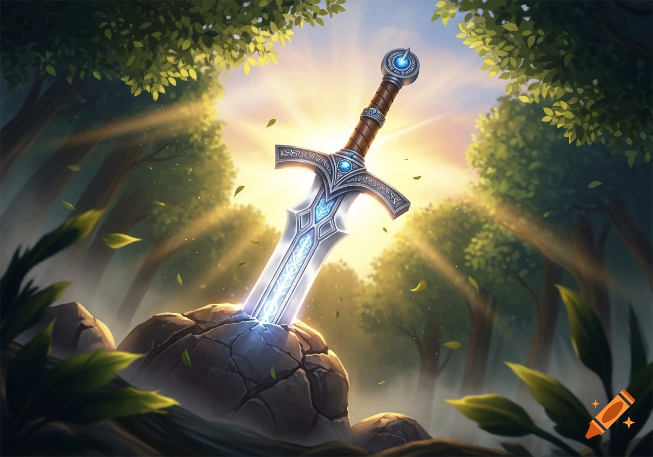 A glowing, ornate fantasy sword is plunged into a cracked rock in a sunlit forest clearing, with leaves falling around it.