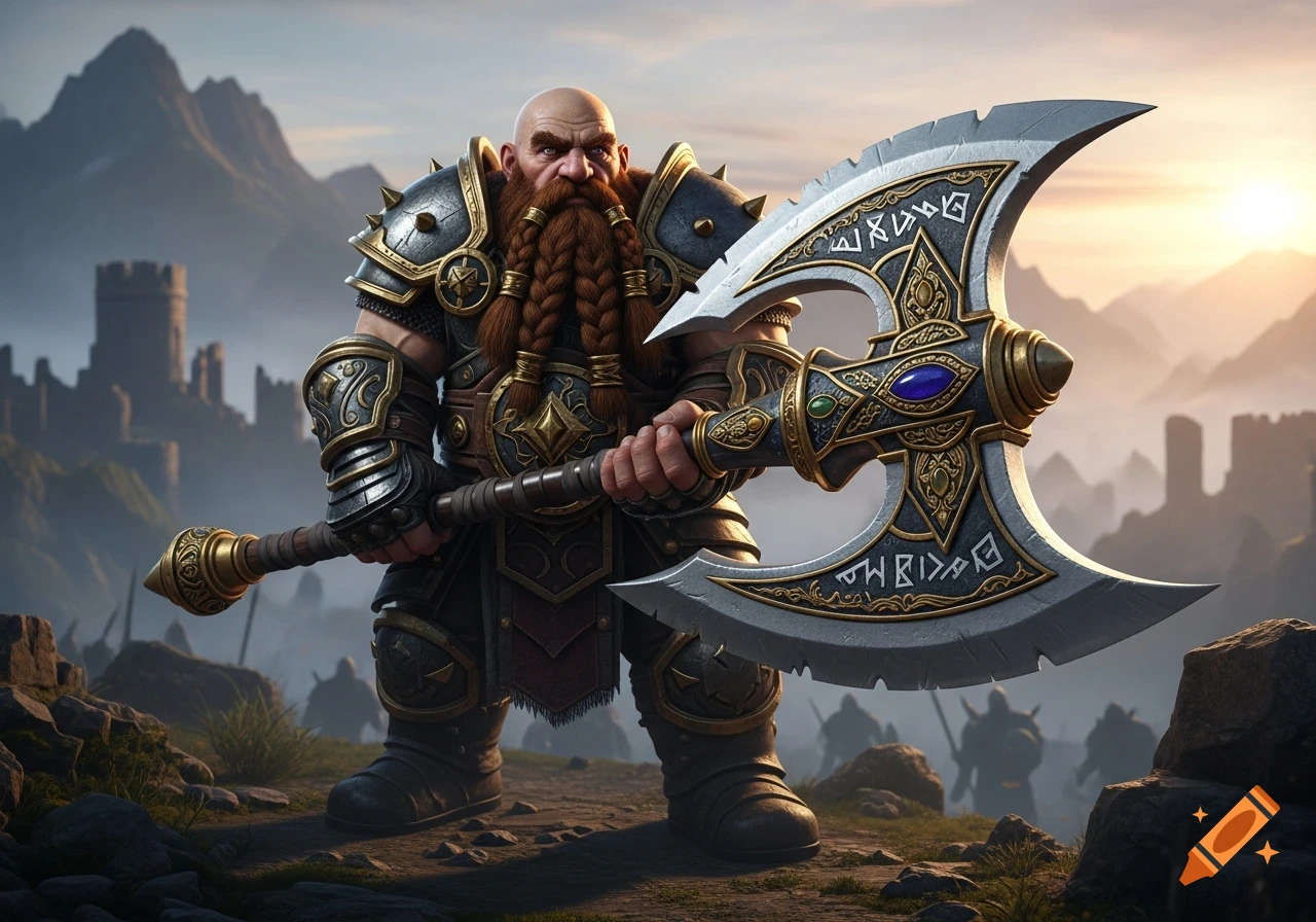 A bald dwarf warrior with a braided red beard holds a large, ornate battleaxe against a mountainous fantasy landscape with a castle at sunset.