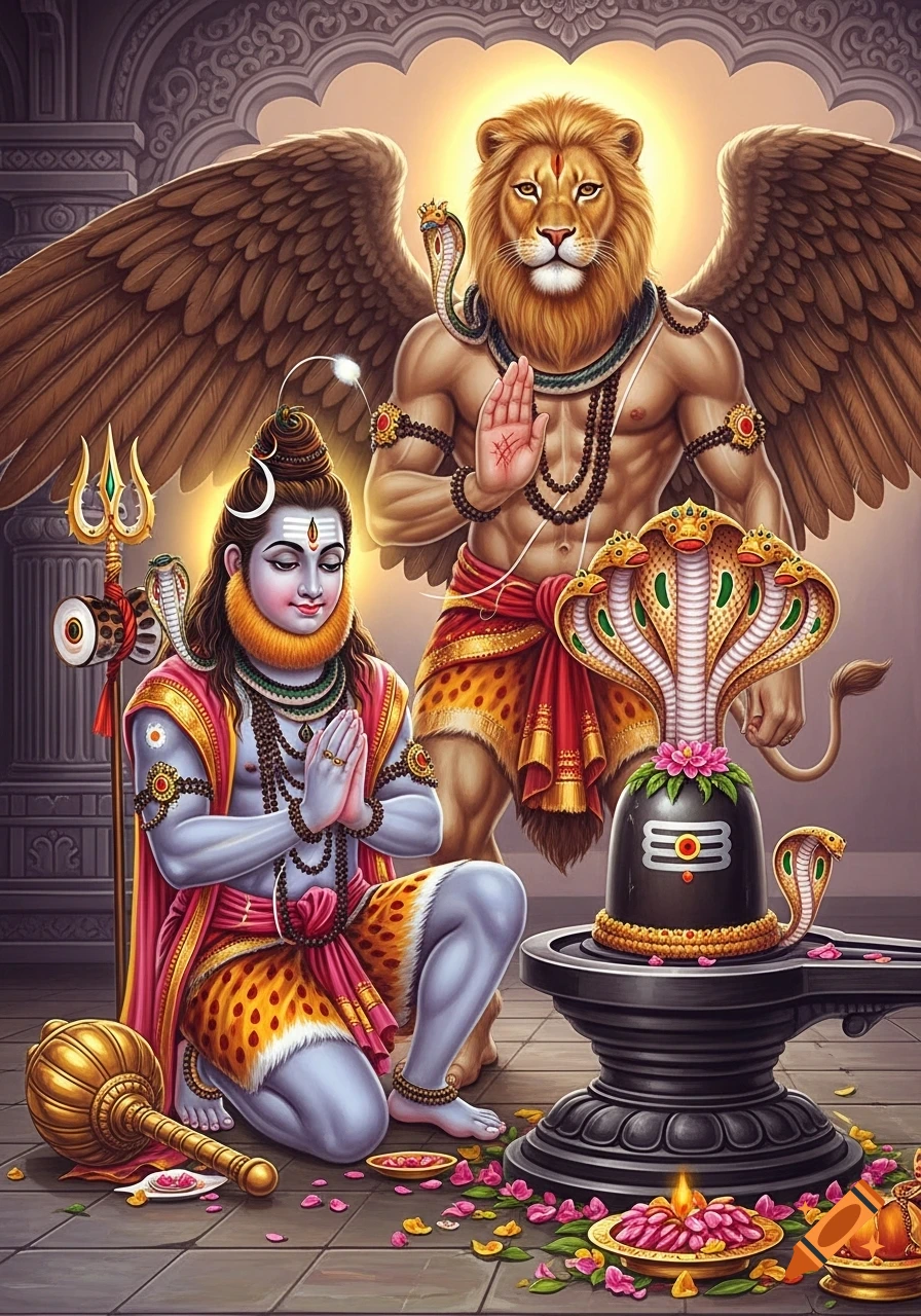 Digital painting of blue-skinned Shiva kneeling before a decorated Shiva lingam, while a winged, lion-headed deity stands behind him.