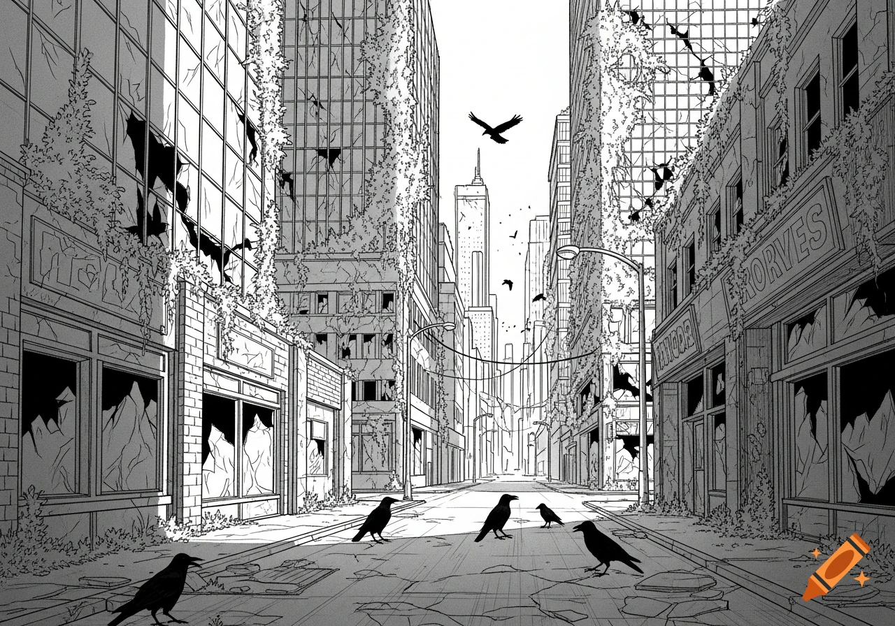 Black and white sketch of a dilapidated, overgrown city street lined ...