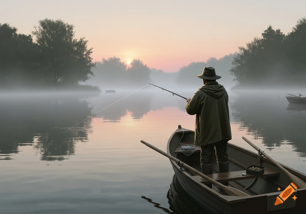 A person fishes from a small boat on a foggy lake during sunrise, with trees reflected in the calm water.