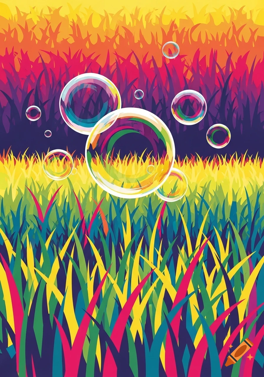 Colorful, stylized grass in vibrant yellow, green, red, and purple with iridescent bubbles floating above in a pop art style.