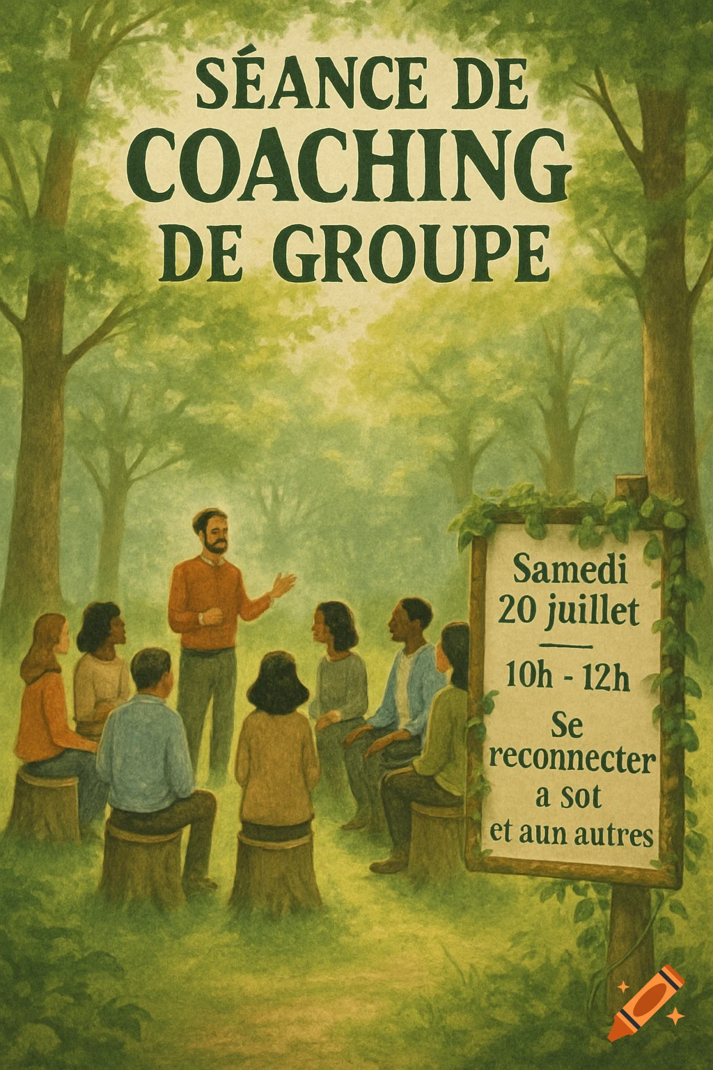 An illustration of a group coaching session in a forest, with a man speaking to people sitting on tree stumps. A sign displays event details.