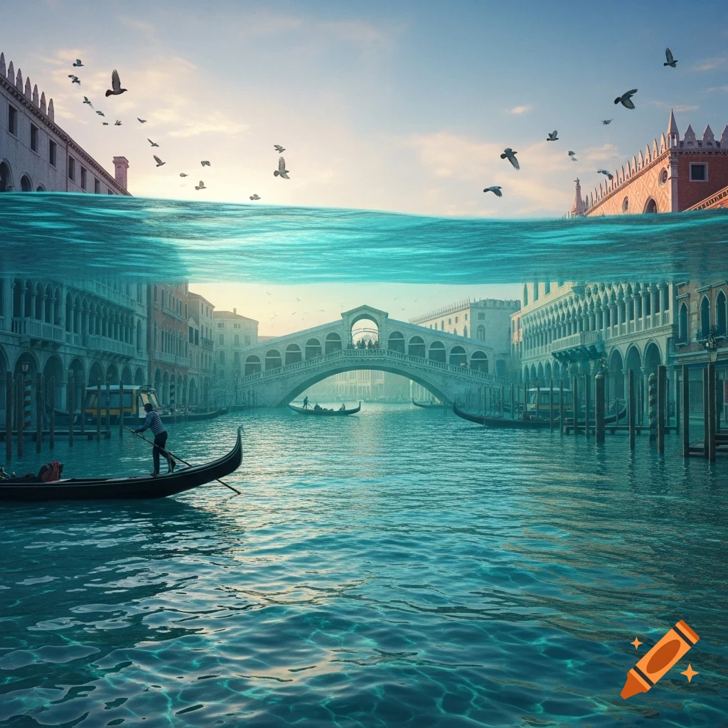 Photorealistic split view of Venice's Grand Canal and Rialto Bridge, with buildings above and gondolas in the teal water below.