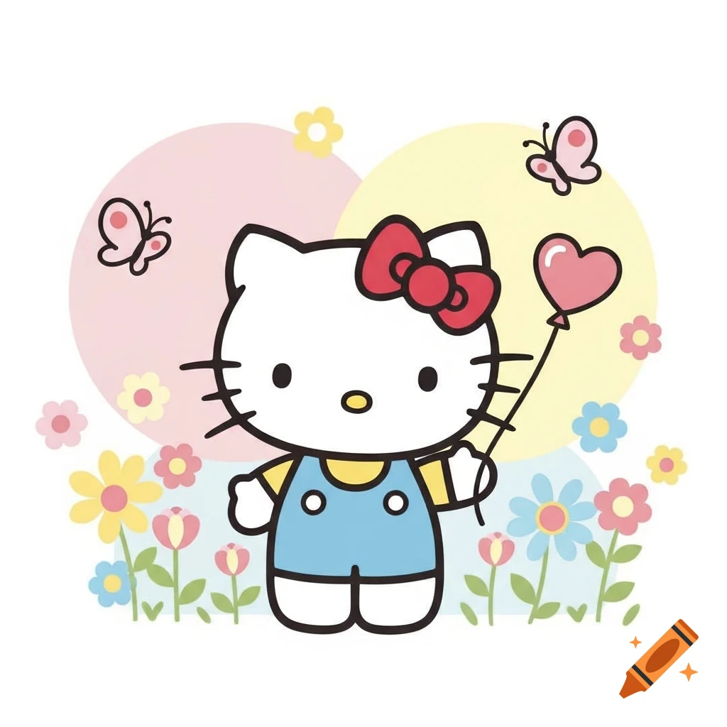 Hello Kitty in a blue overall, holding a pink heart balloon, standing in a field of colorful flowers with butterflies.