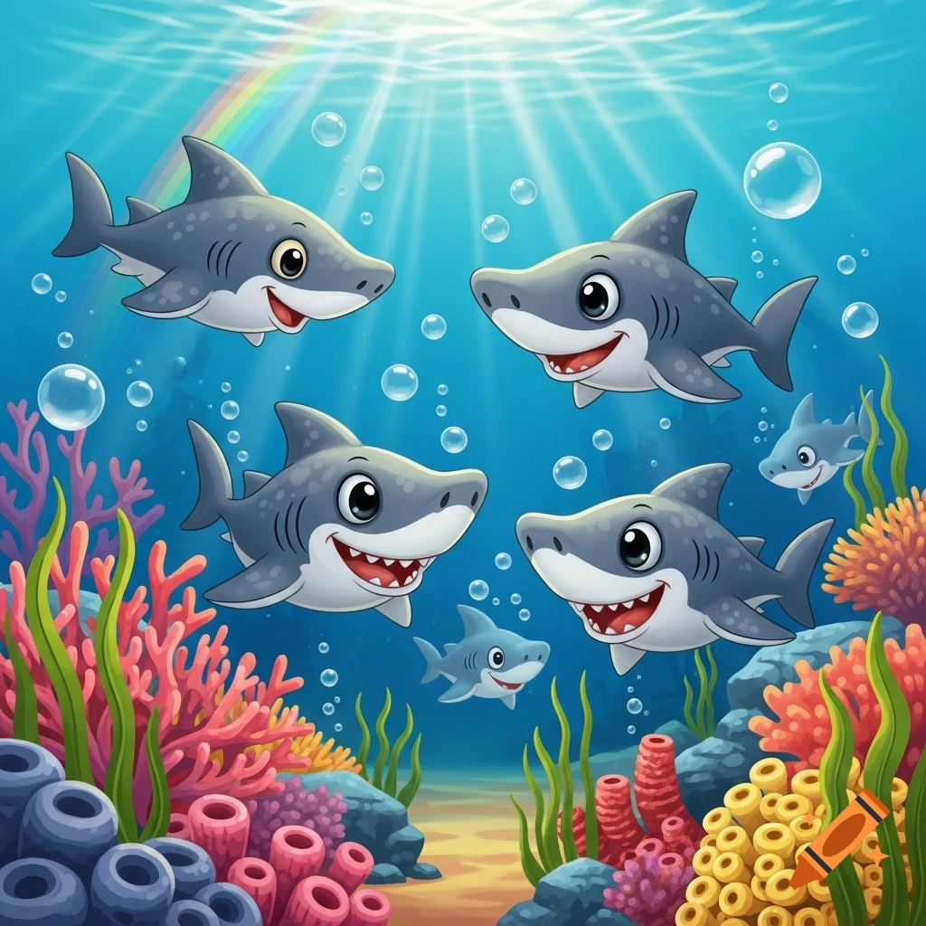 Cute cartoon sharks swim happily underwater surrounded by colorful coral, bubbles, and sunrays with a rainbow.