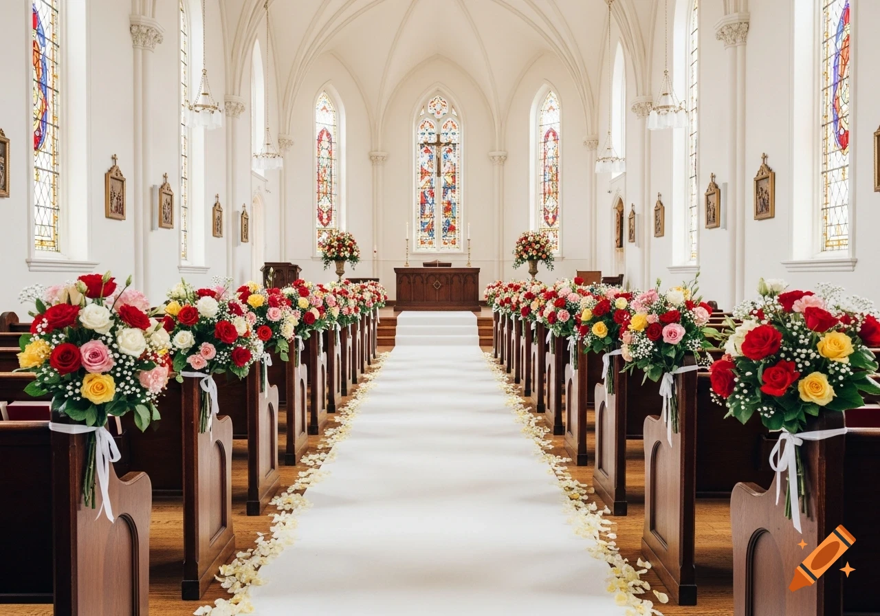 A grand church aisle decorated with a white runner and vibrant bouquets of red, yellow, pink, and white roses on each pew, leading to the altar.