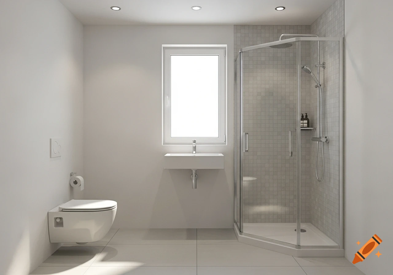 A bright, modern minimalist bathroom with a wall-mounted toilet, sink under a window, and a corner glass shower.