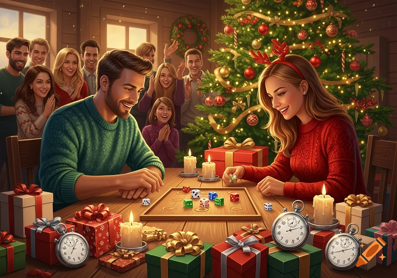 A man and a woman play a dice game at a wooden table, surrounded by Christmas presents and candles. A decorated Christmas tree stands in the background, with a group of people cheering them on. The woman wears reindeer antlers.