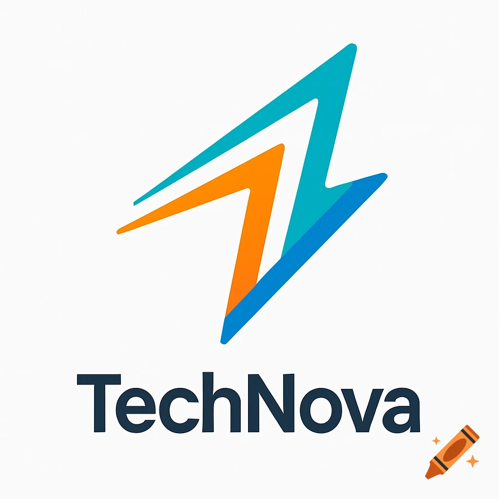 A minimalist, modern logo with a stylized lightning bolt in blue and orange, and the text TechNova below it.