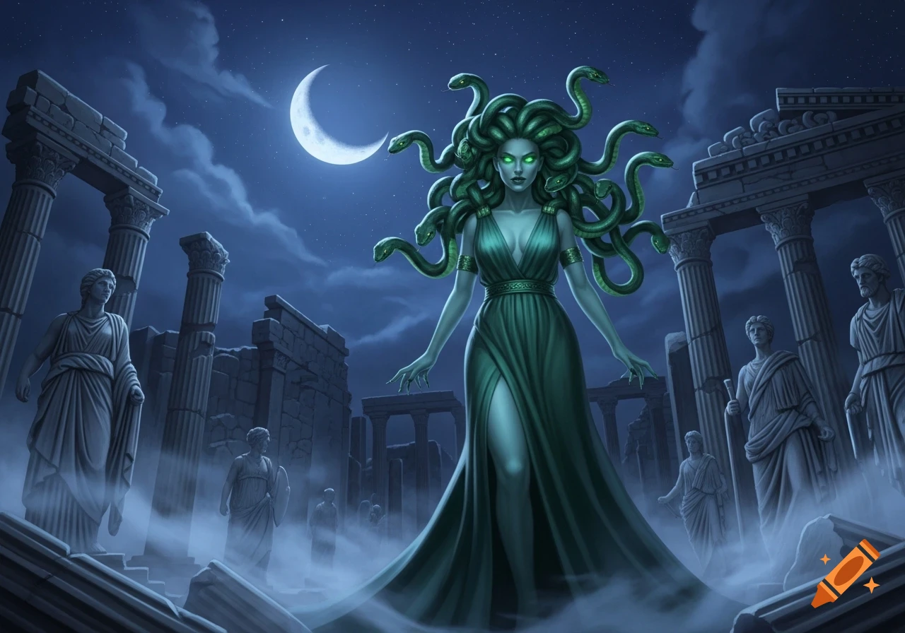 Medusa with glowing green eyes and snakes for hair stands in ancient ruins under a crescent moon at night.