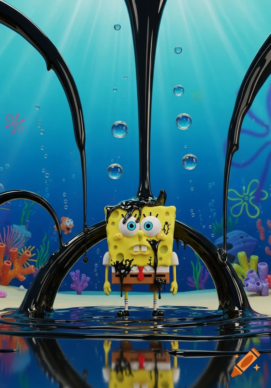 A 3D rendering of Spongebob Squarepants standing on the ocean floor, looking distressed and covered in thick black oil pouring from above.