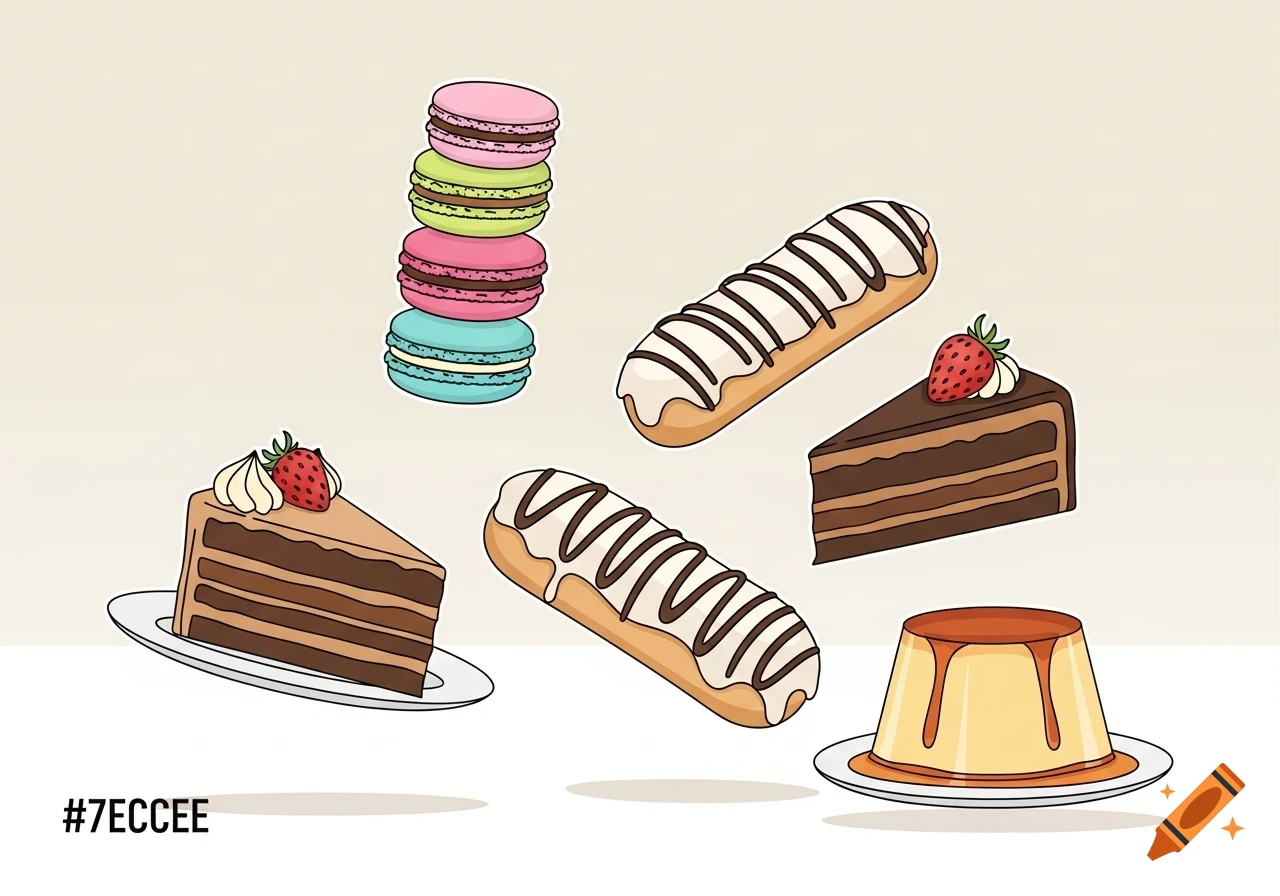 Minimal line-art illustration of a stack of colorful macarons, two eclairs, two slices of chocolate cake with strawberries, and a flan, on a light background.