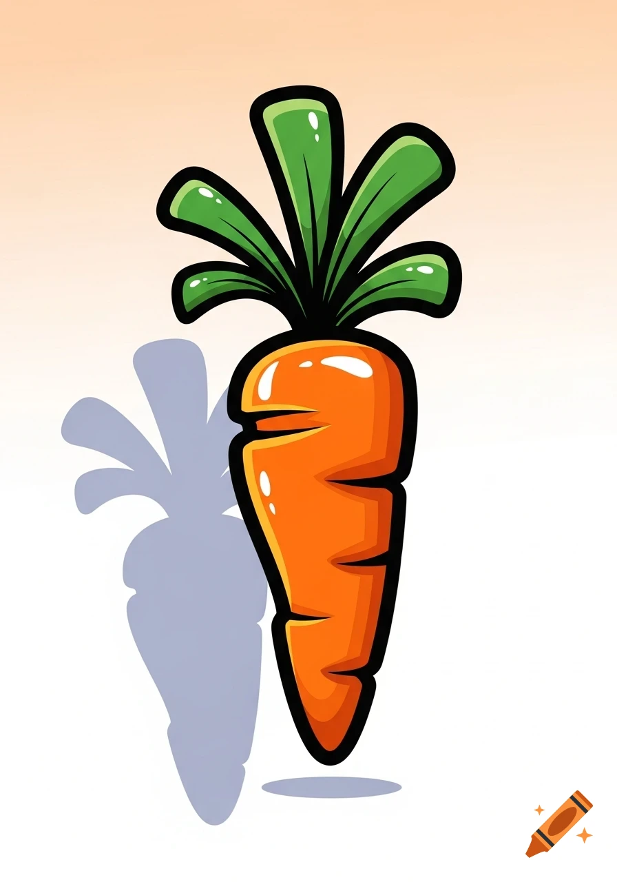 A vibrant cartoon carrot with green leaves and a slight shadow on a light background.