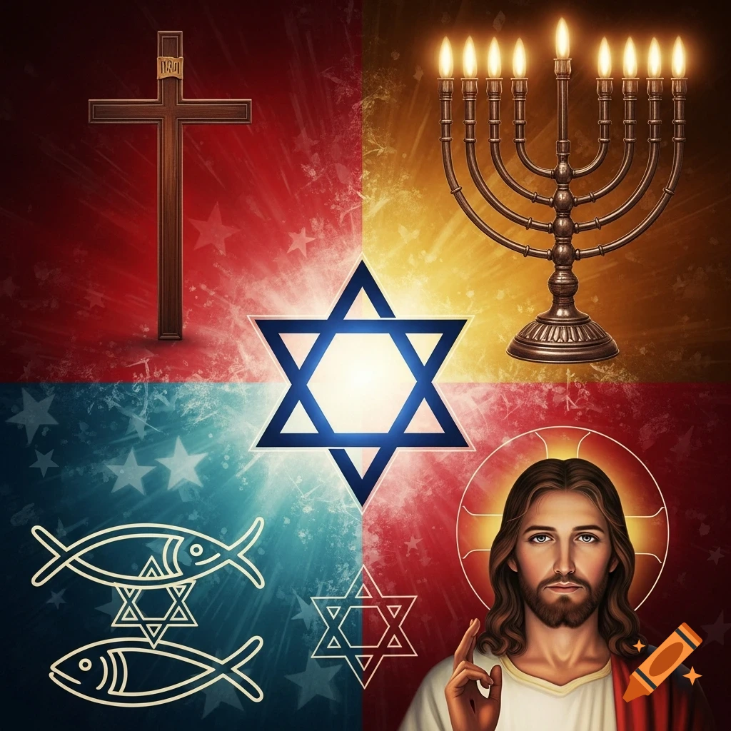 Religious collage with Christian cross, menorah, Star of David, Christian fish, and Jesus on a textured background.