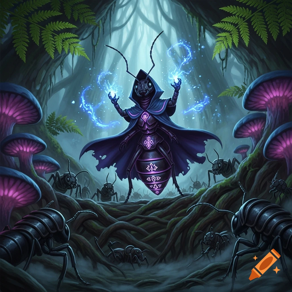 An ant warlock in a purple cloak casts spells with glowing blue magic in a dark, glowing mushroom forest surrounded by other ants.