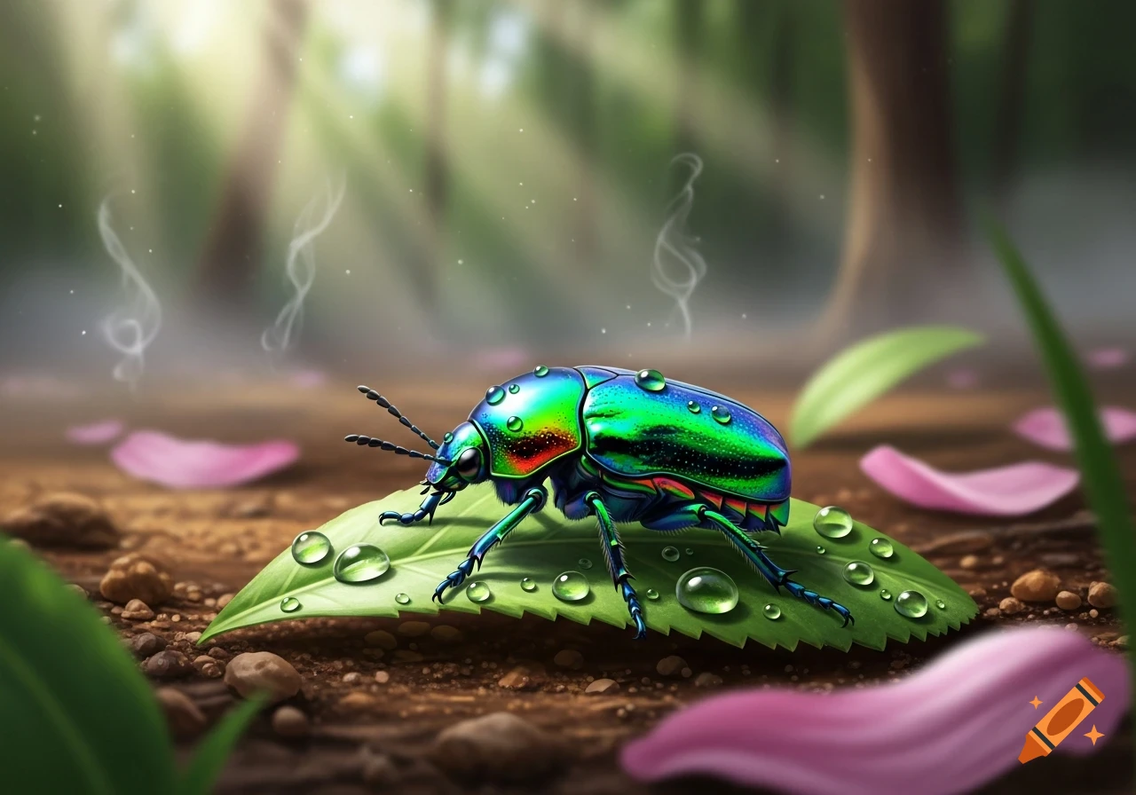 A vibrant iridescent beetle with water droplets on a green leaf. Pink petals and dappled sunlight in a forest background.