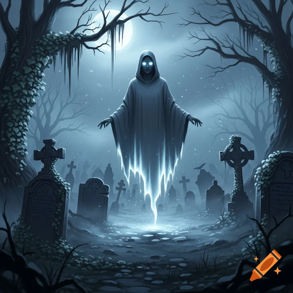 An ethereal glowing ghost floats in a spooky graveyard under a full moon, surrounded by twisted trees and tombstones.
