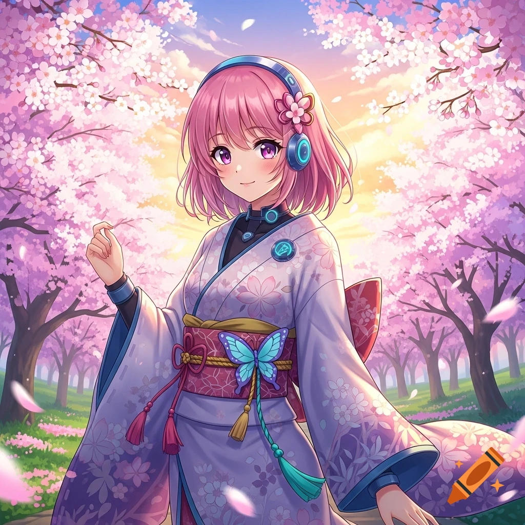 A smiling anime girl with pink hair, headphones, and a purple kimono stands among blooming cherry blossom trees.