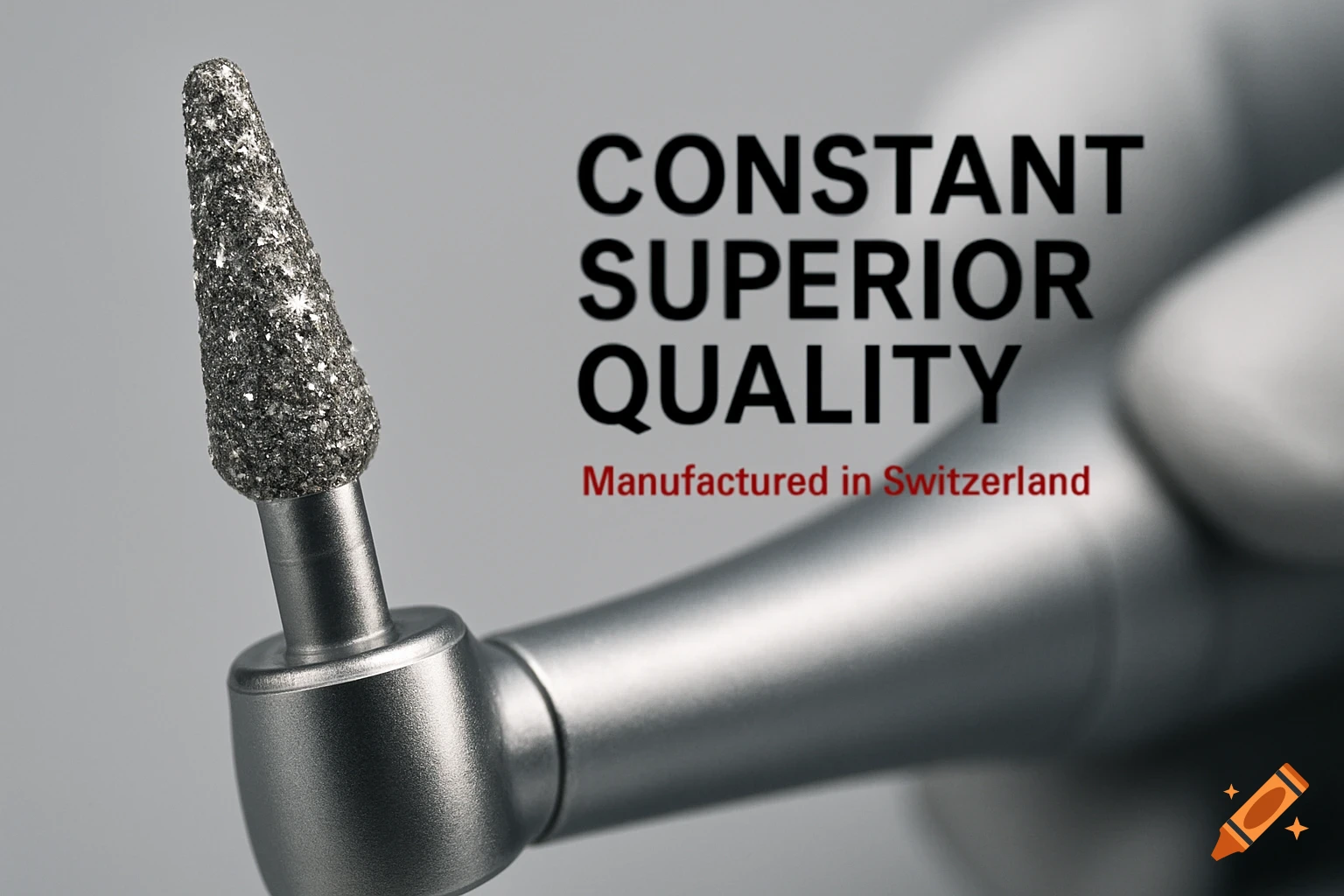 Close-up of a shiny diamond-coated dental rotary instrument with text: CONSTANT SUPERIOR QUALITY Manufactured in Switzerland.