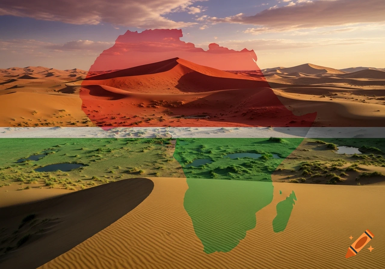 A dramatic desert landscape under a cloudy sky, overlaid with the translucent shape of Africa bearing red, white, and green flag colors.