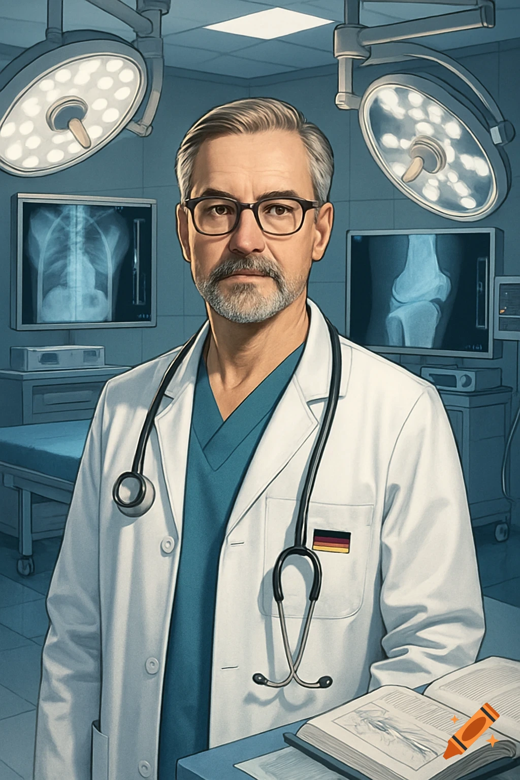 A distinguished male doctor in a white lab coat and blue scrubs, wearing glasses and a stethoscope, stands in an operating room with X-rays displayed on monitors.