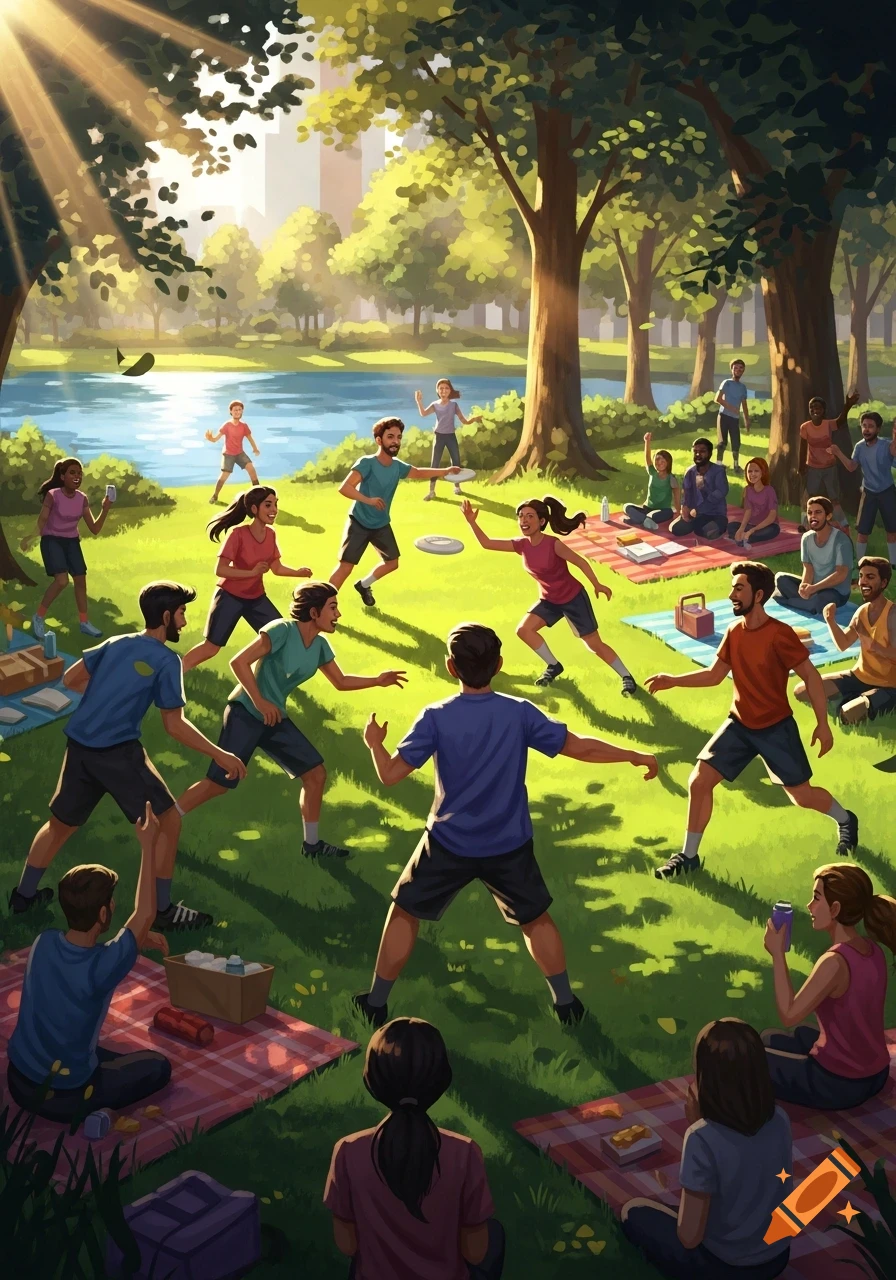 An illustration of a diverse group of people enjoying a sunny day in a park by a lake, some playing frisbee, others picnicking.
