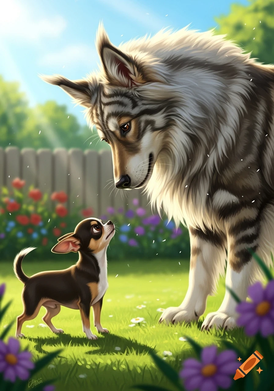 A large, friendly wolf looks down at a tiny chihuahua looking up in a vibrant, sunny garden with flowers.