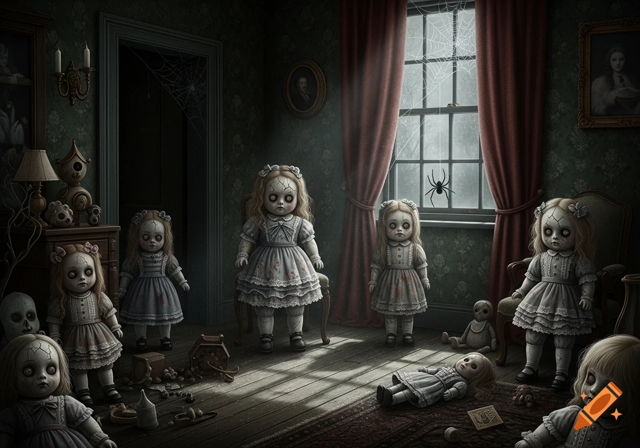 Several cracked, antique-style creepy dolls with dark eyes in a dim, spiderweb-filled gothic room with red curtains and wooden floors.