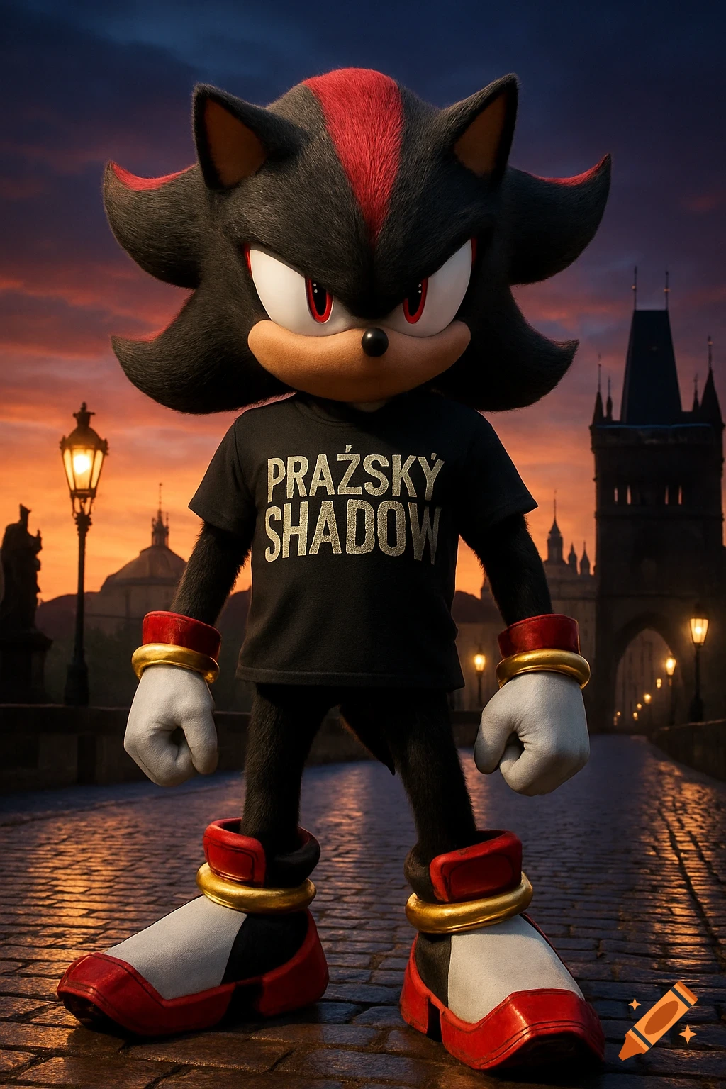 Photorealistic Shadow the Hedgehog in a black 'PRAŽSKÝ SHADOW' t-shirt, standing on a cobblestone bridge with historic architecture at sunset.