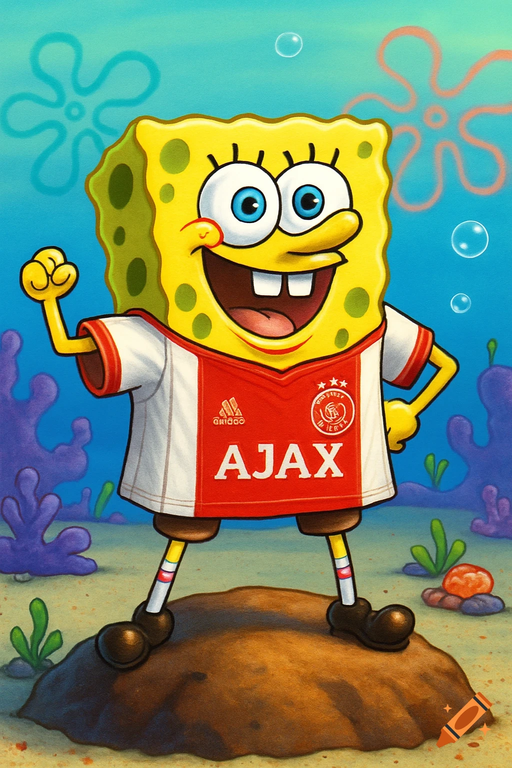 Spongebob Squarepants wearing a red and white Ajax soccer jersey, standing on a rock underwater.