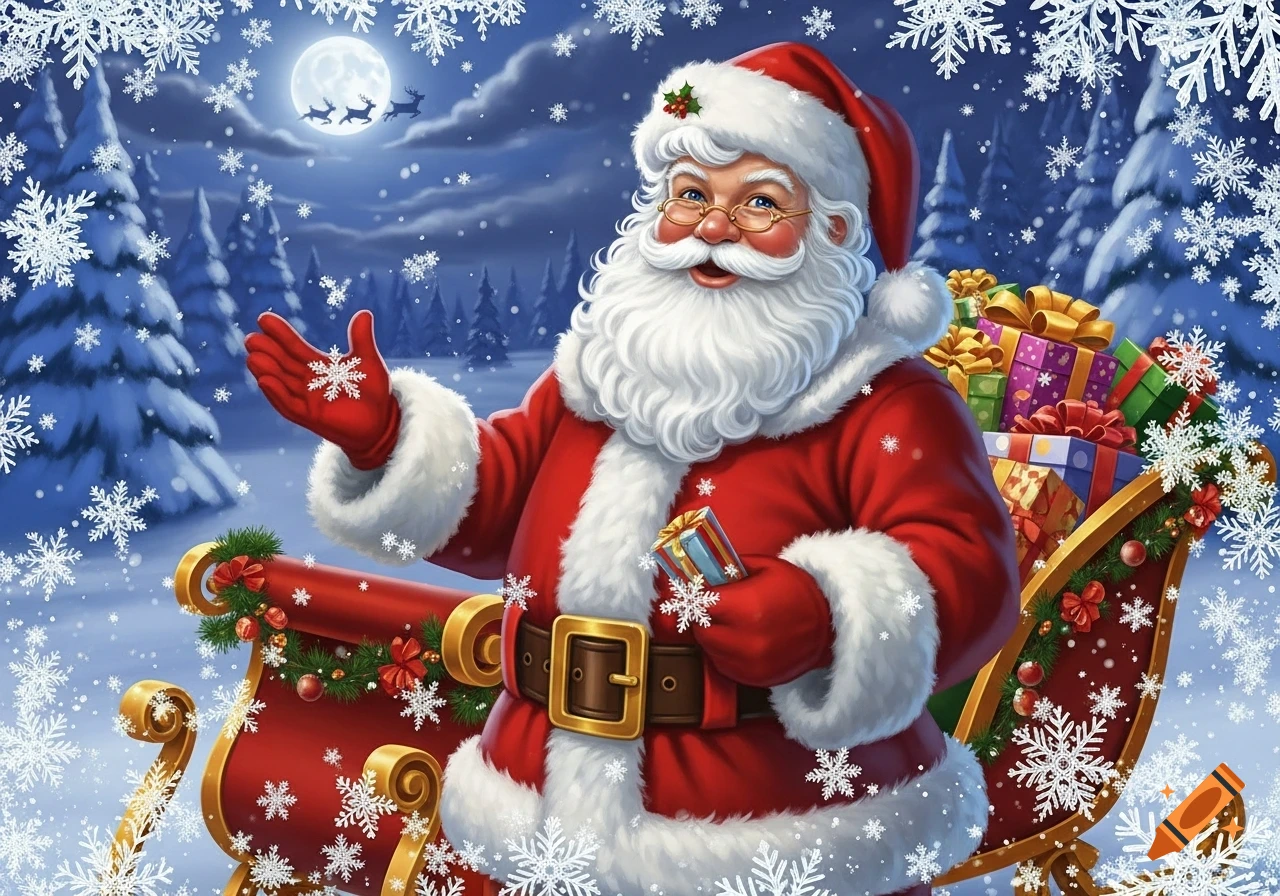 Illustrative Santa Claus in a snowy winter night, waving from his sleigh overflowing with gifts, under a full moon with flying reindeer.