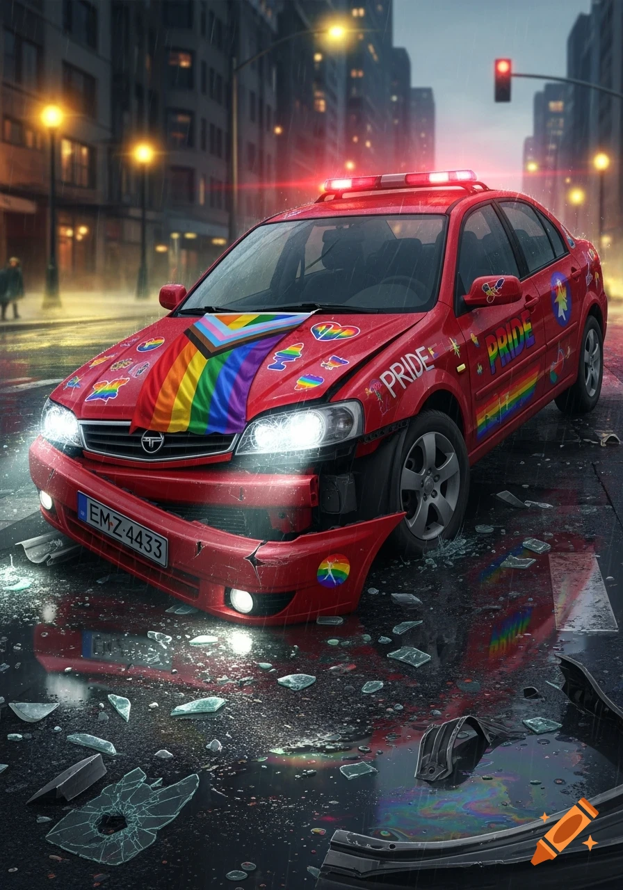 A red, damaged Pride car with a rainbow flag on its hood and 'PRIDE' on its side, sits on a wet, rainy city street with shattered glass from an accident.