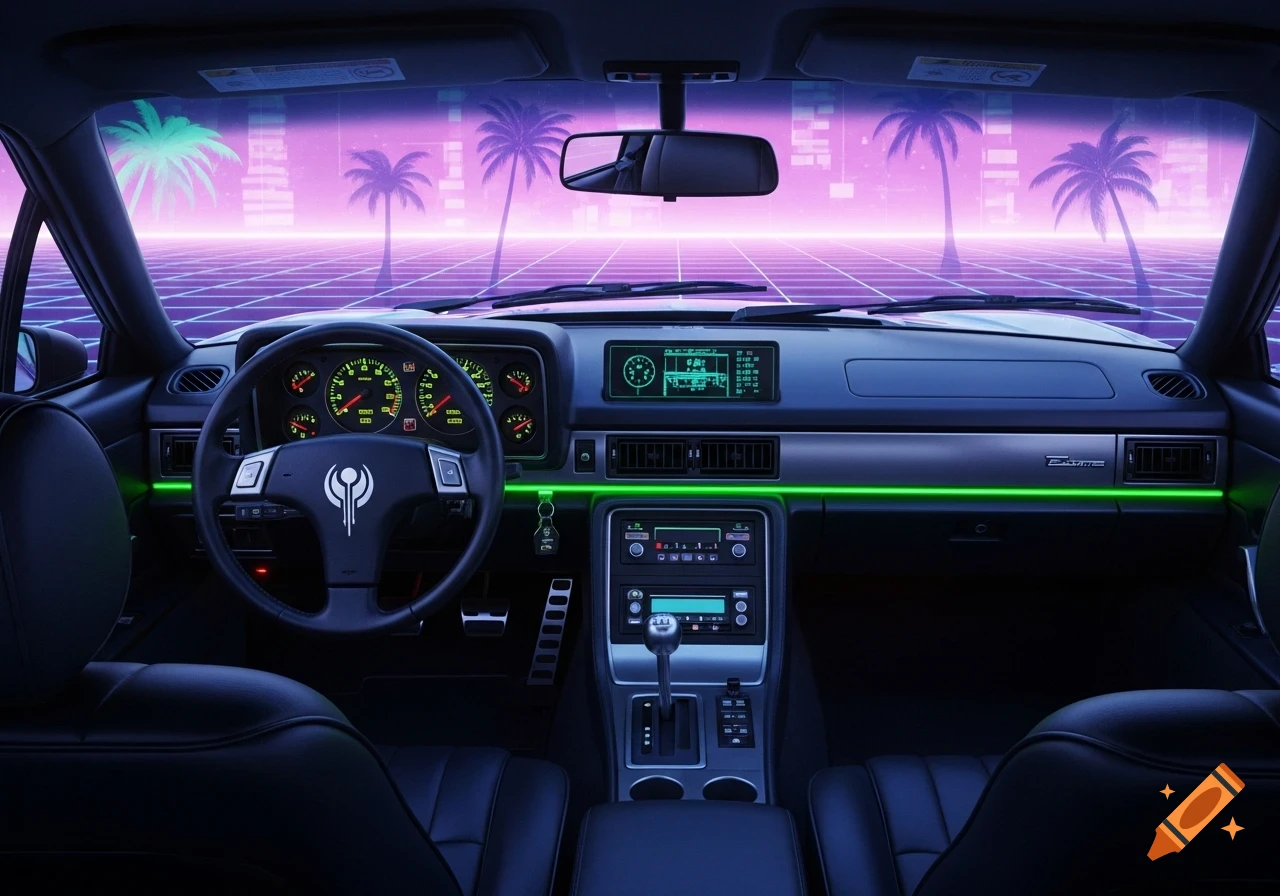Interior of an 80s sports car with green neon lighting on the dashboard, viewed from the back seat. A vaporwave-style purple and pink grid background with palm trees is visible through the windshield.