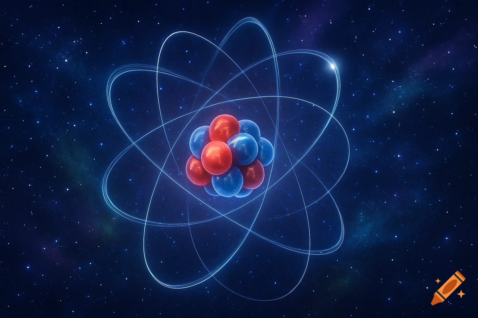 A detailed 3D model of an atom with a nucleus of red and blue spheres, encircled by glowing blue orbital paths, against a starry space background.