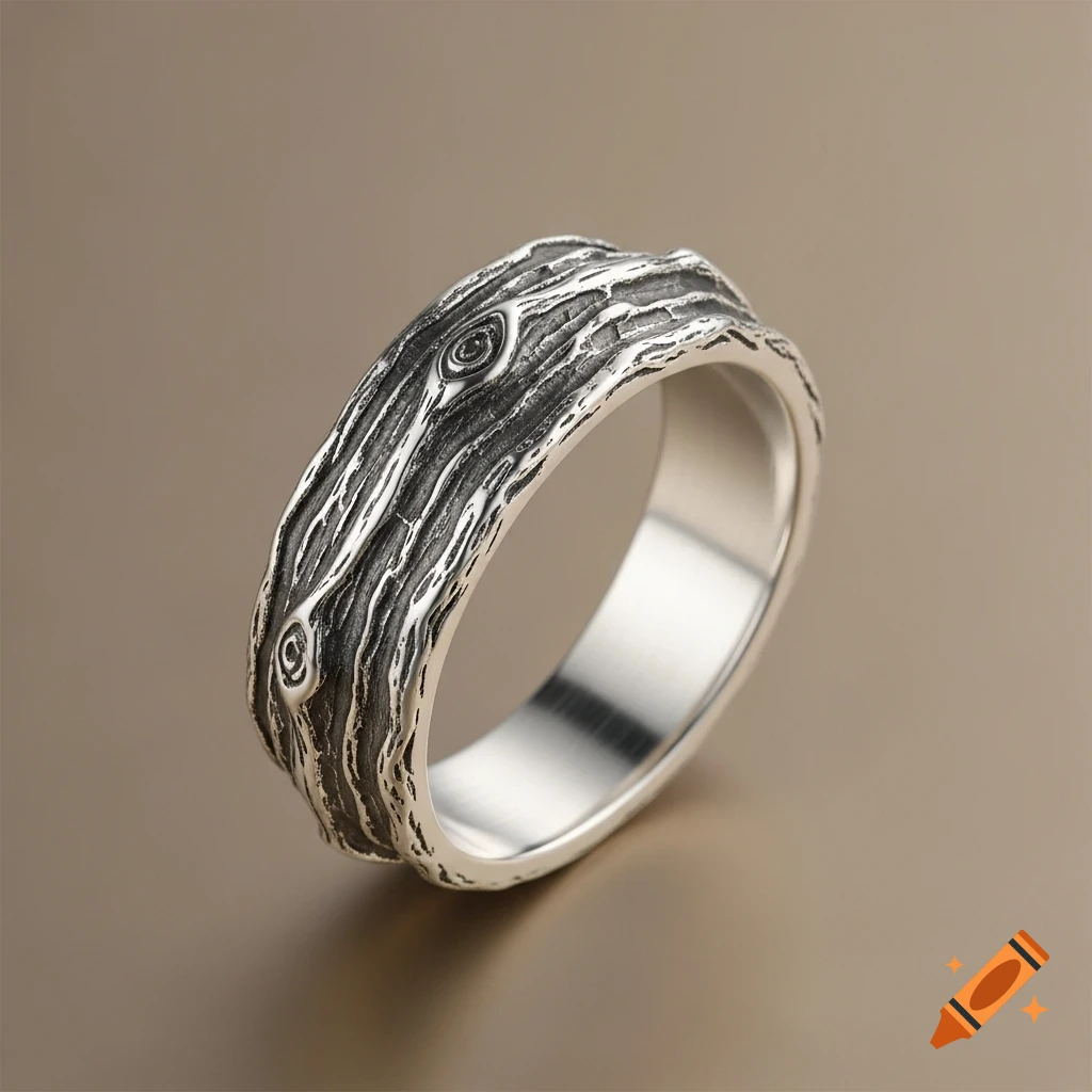 A silver ring featuring a detailed, textured design reminiscent of willow tree bark, on a smooth brown surface.
