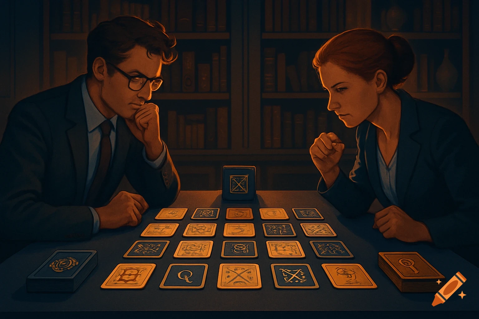 A man and a woman intently examine game cards and a cube on a dark table in a dim, wood-paneled room with bookshelves.