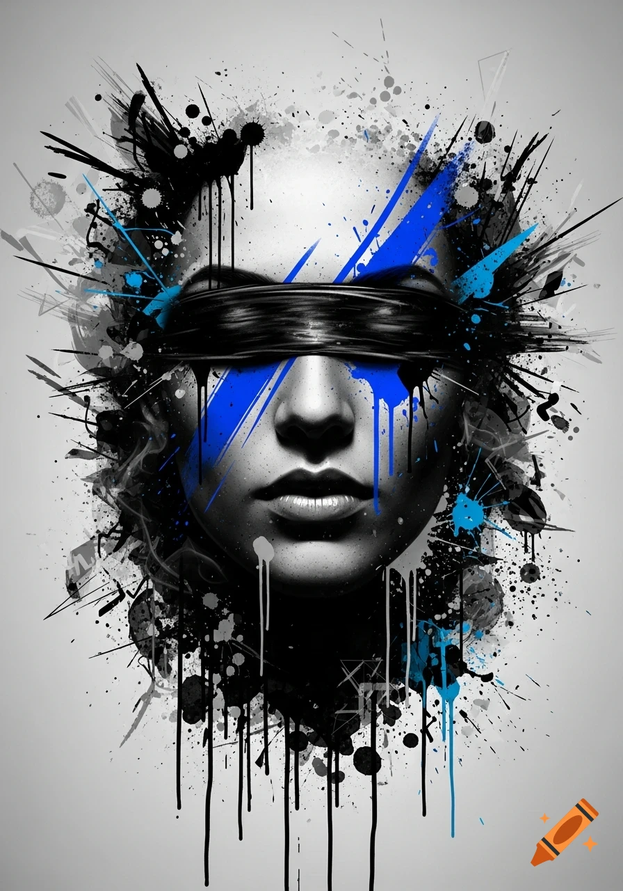 Abstract portrait of a blindfolded face with grayscale shading, electric blue paint splashes, and chaotic ink splatters on a light gray background.