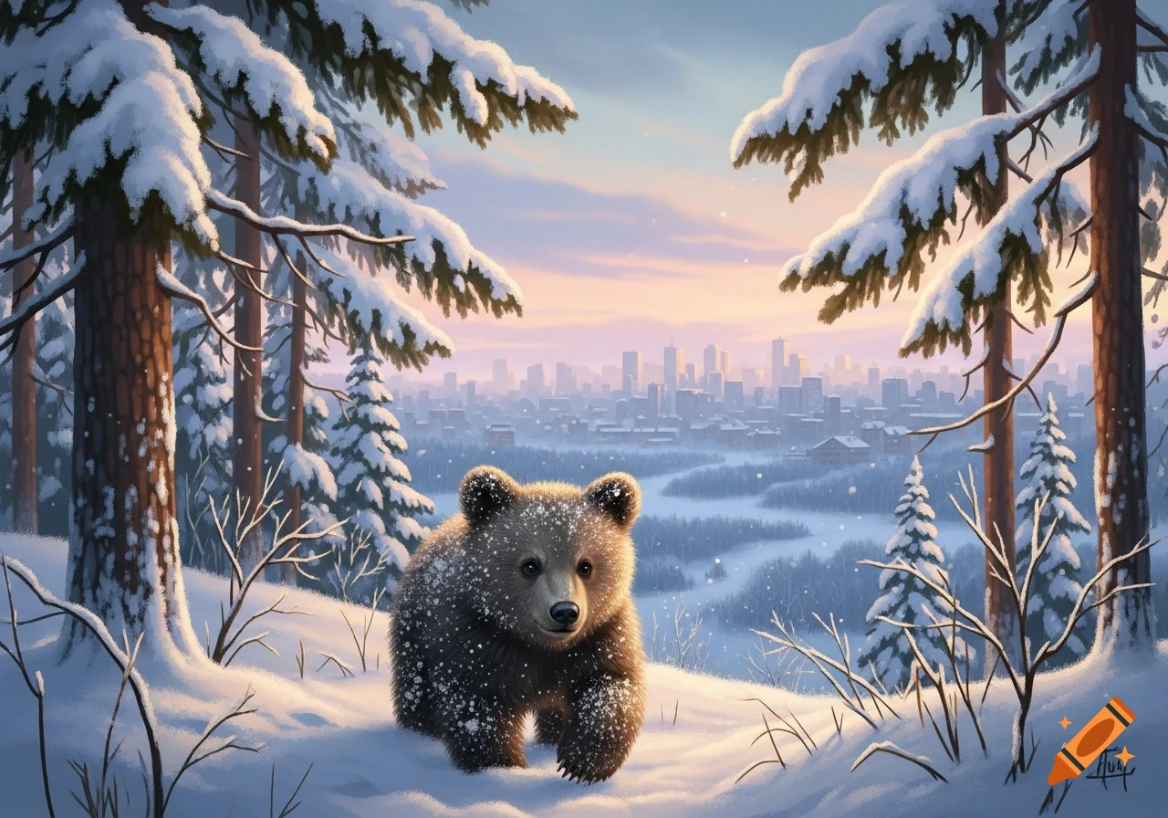A fluffy bear cub in a snowy forest, with a distant city skyline under a pastel sunset. Illustrated style.