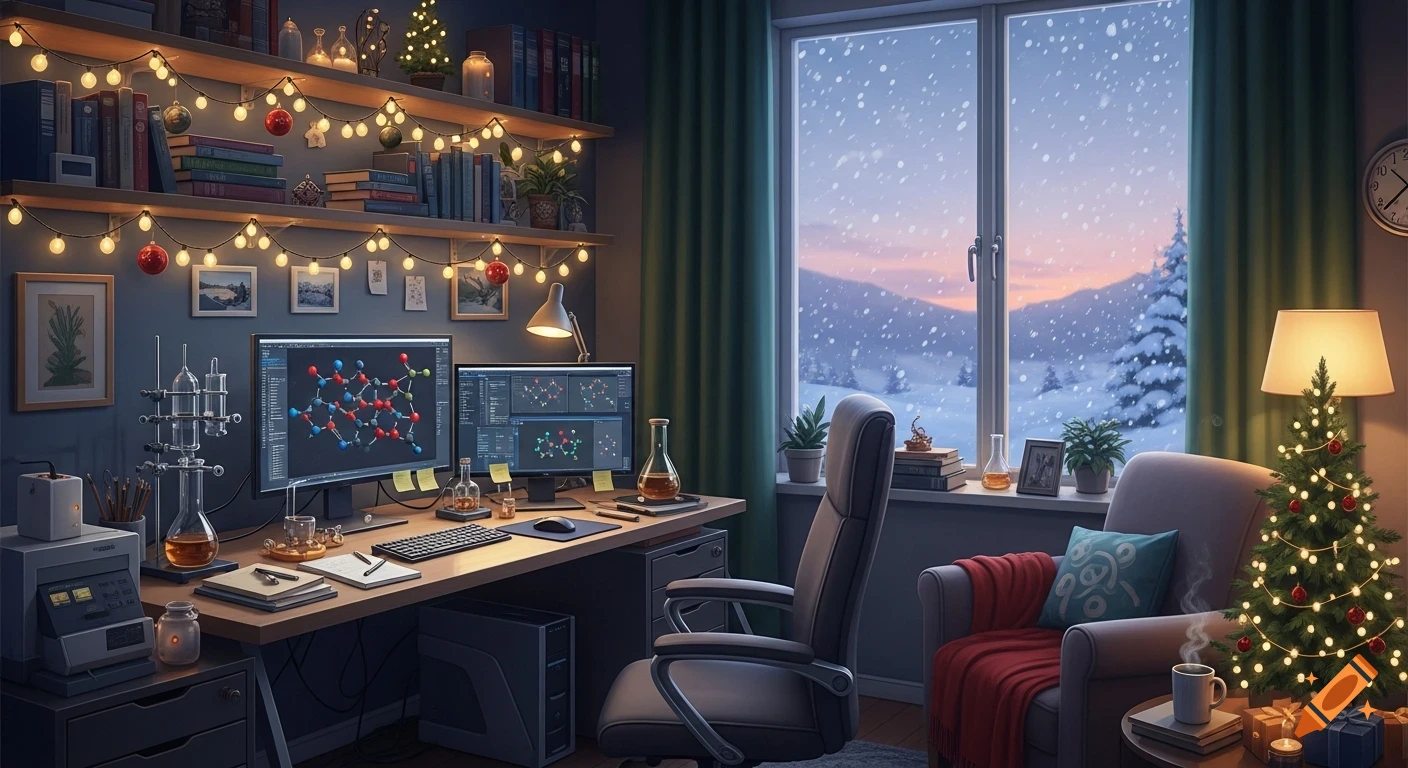 A cozy home office decorated for Christmas, with a snowy winter landscape outside the window, and computational chemistry displays on dual monitors.