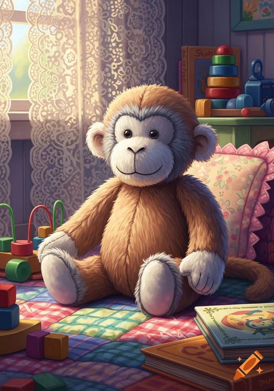 A cute, fluffy stuffed monkey with light brown fur and white face sits on a colorful quilt in a sunlit child's room, surrounded by toys and books.