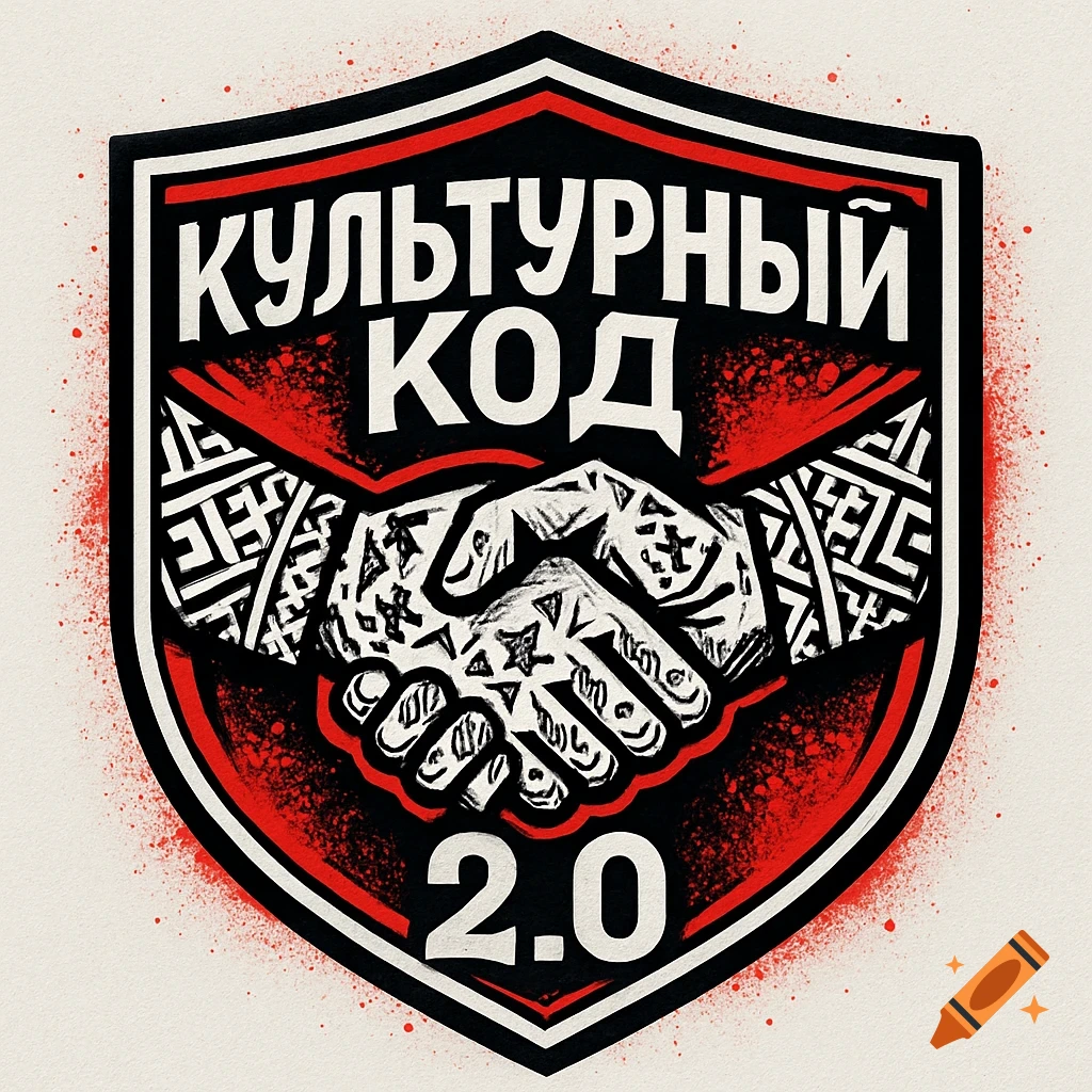 A stylized shield emblem with two hands clasping in unity, featuring black, white, and red graffiti textures. Text: "КУЛЬТУРНЫЙ КОД 2.0".