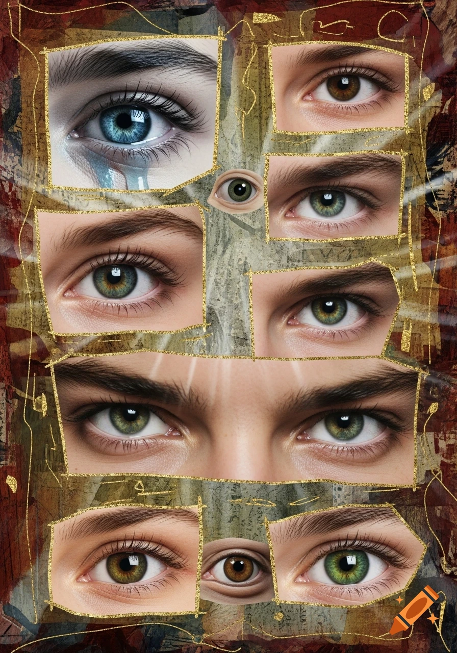 Photorealistic collage featuring multiple human eyes with blue, green, and brown irises, set against an abstract gold and red background.