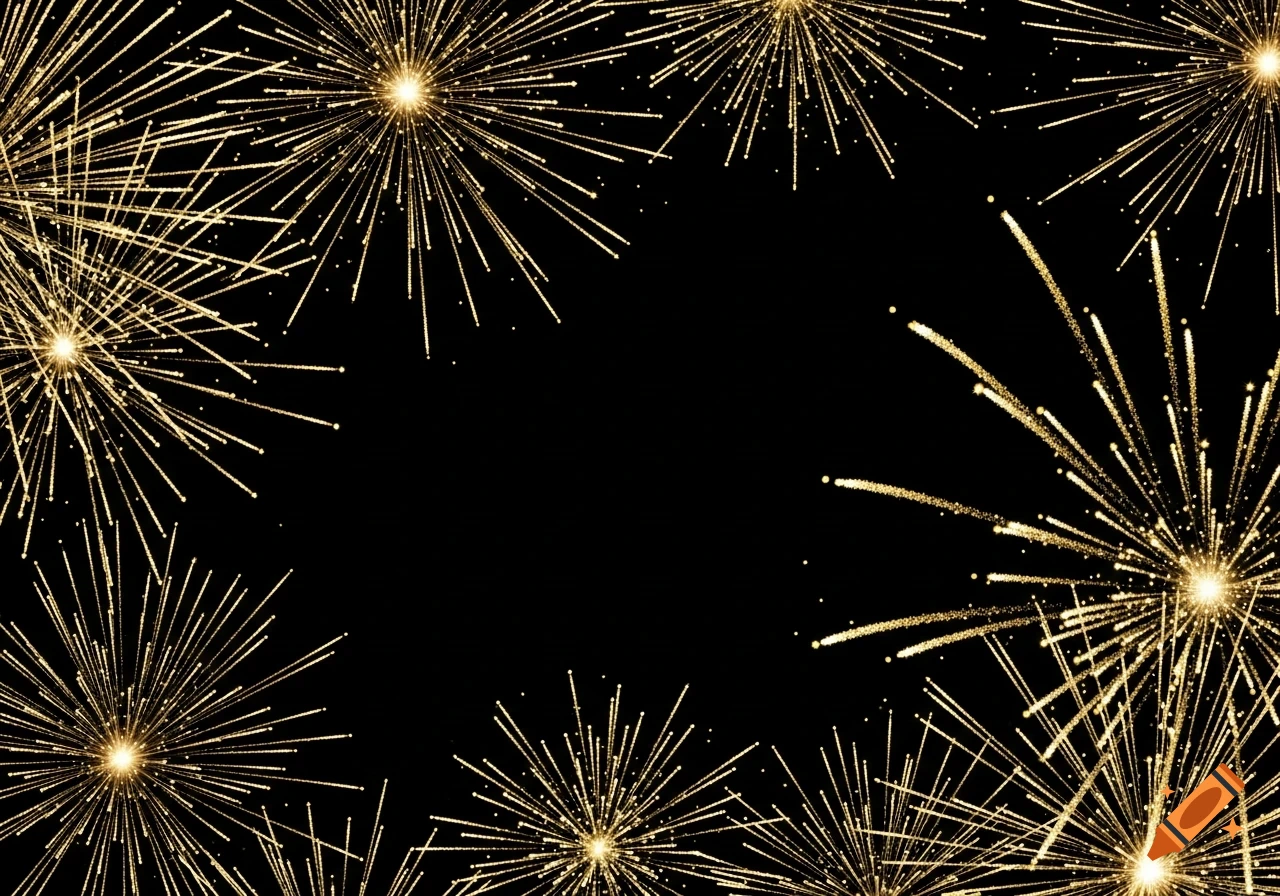 Golden fireworks explode against a black background, forming a border around a central dark space.