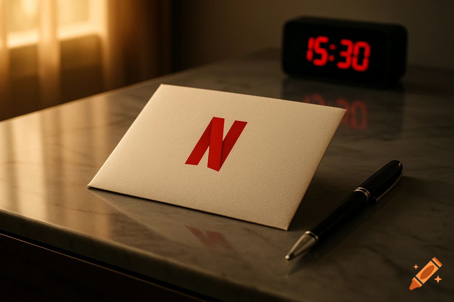 A white envelope with the red Netflix 'N' logo lies next to a black pen on a marble surface, with a digital clock showing 15:30 in the background.